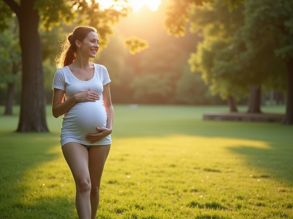 mẹ bầu đi bộ nhẹ trong công viên buổi sáng