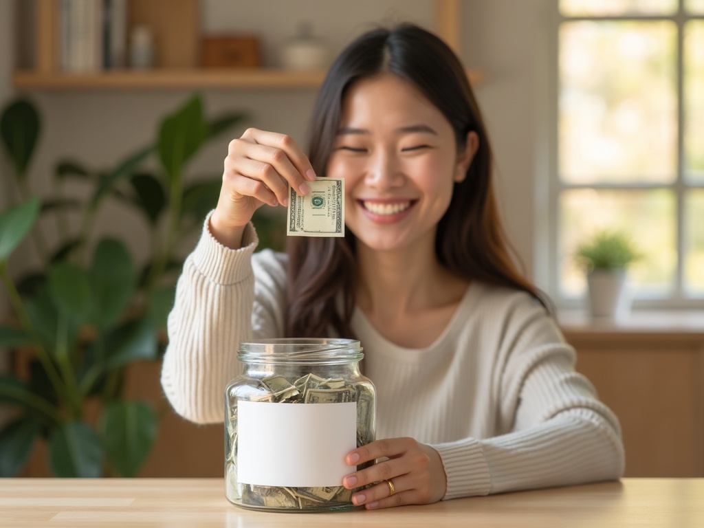 người bỏ tiền vào hũ tiết kiệm, gương mặt hài lòng