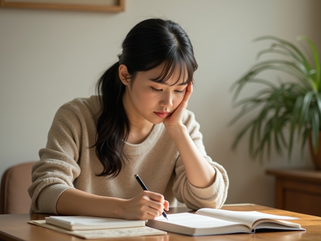 người ngồi ghi chép, tự soi mình một cách nhẹ nhàng