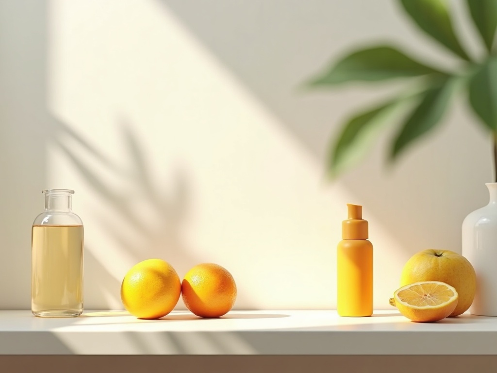 bàn skincare đơn giản với nước, trái cây và kem chống nắng