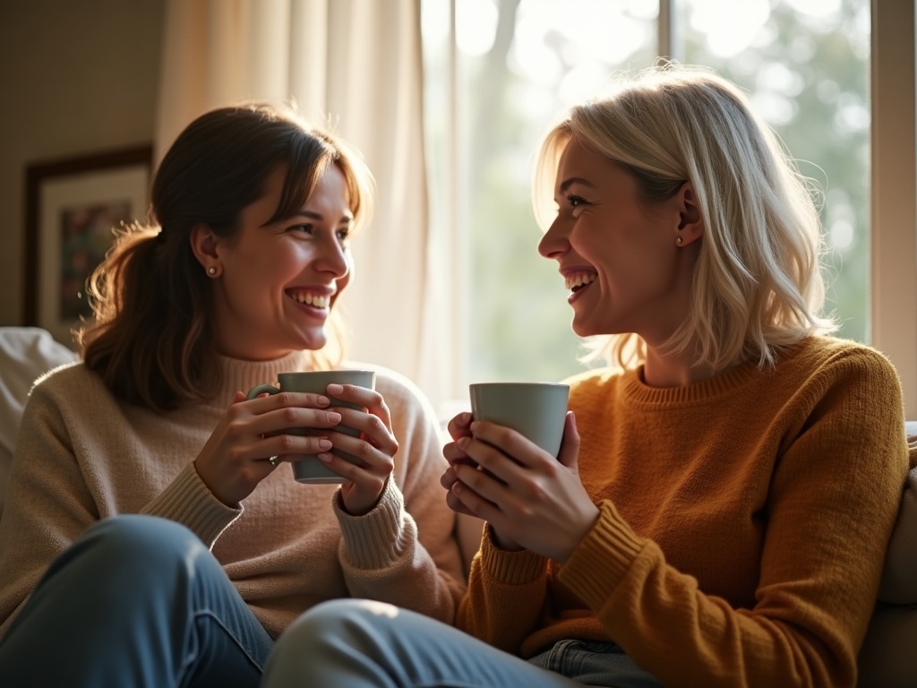 hai người bạn trò chuyện ấm áp, một người cầm tách trà