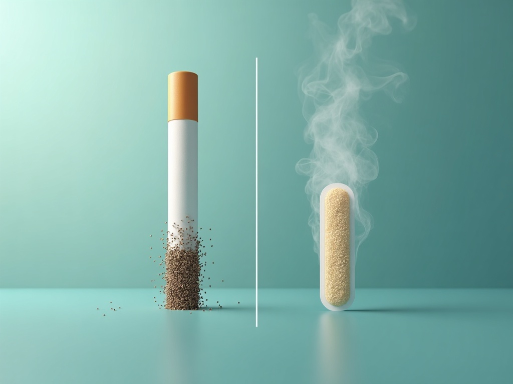 so sánh trực quan khói thuốc (nhiều hoá chất) vs NRT (nicotine liều thấp)