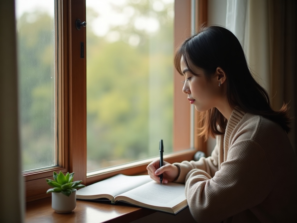 người ngồi bên cửa sổ bình thản viết nhật ký