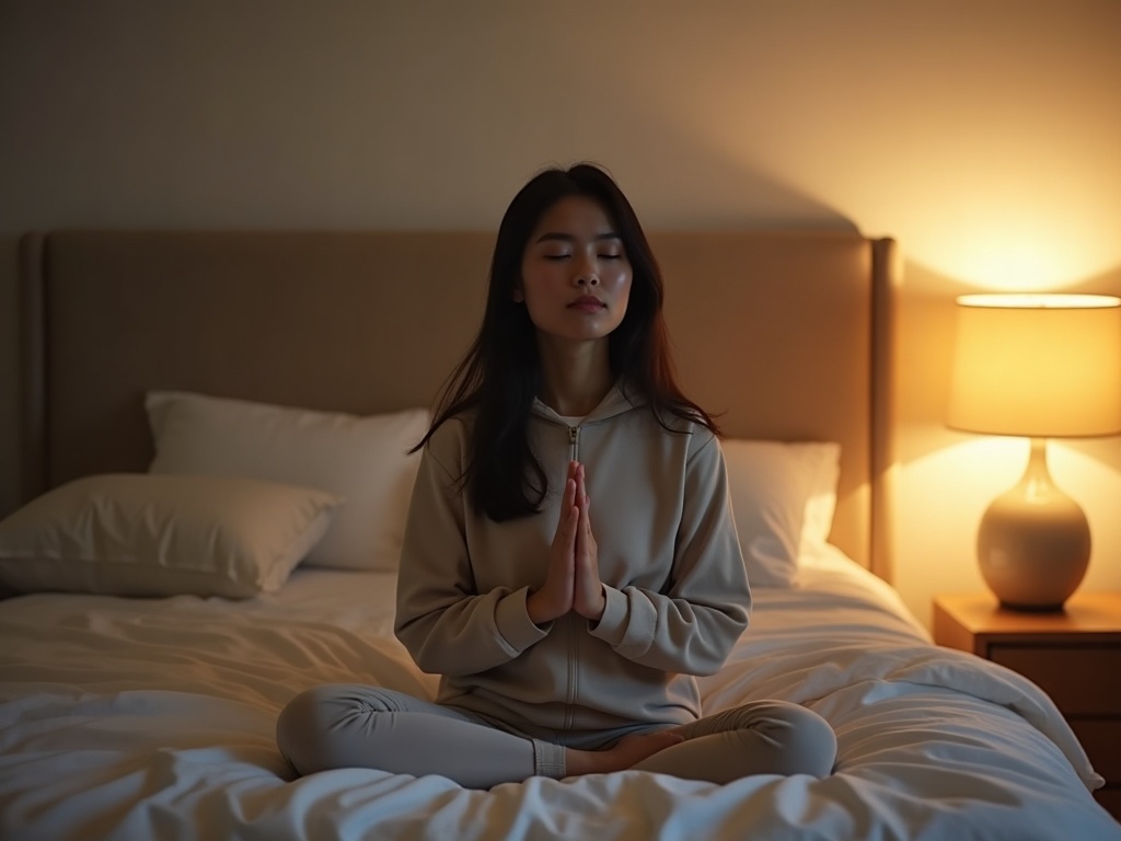 người tập thở trên giường trước khi ngủ, không khí bình yên