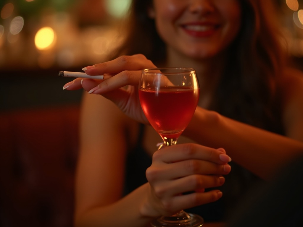 người lịch sự từ chối điếu thuốc, tay cầm ly, gương mặt tự tin vui vẻ
